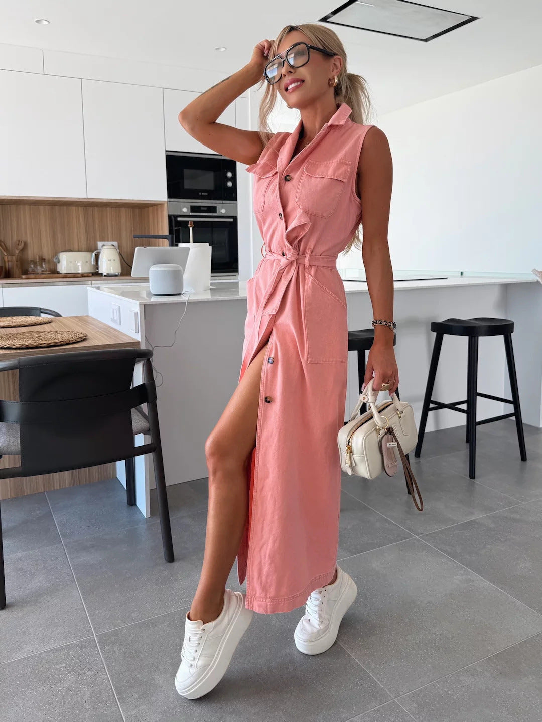 Sleeveless Denim Dress with Lace-Up Waist