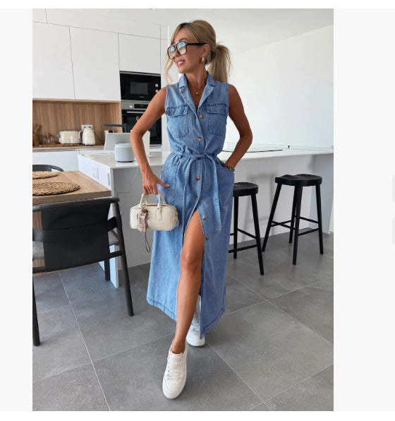 Sleeveless Denim Dress with Lace-Up Waist