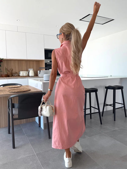 Sleeveless Denim Dress with Lace-Up Waist