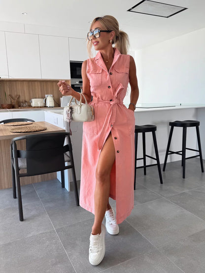 Sleeveless Denim Dress with Lace-Up Waist