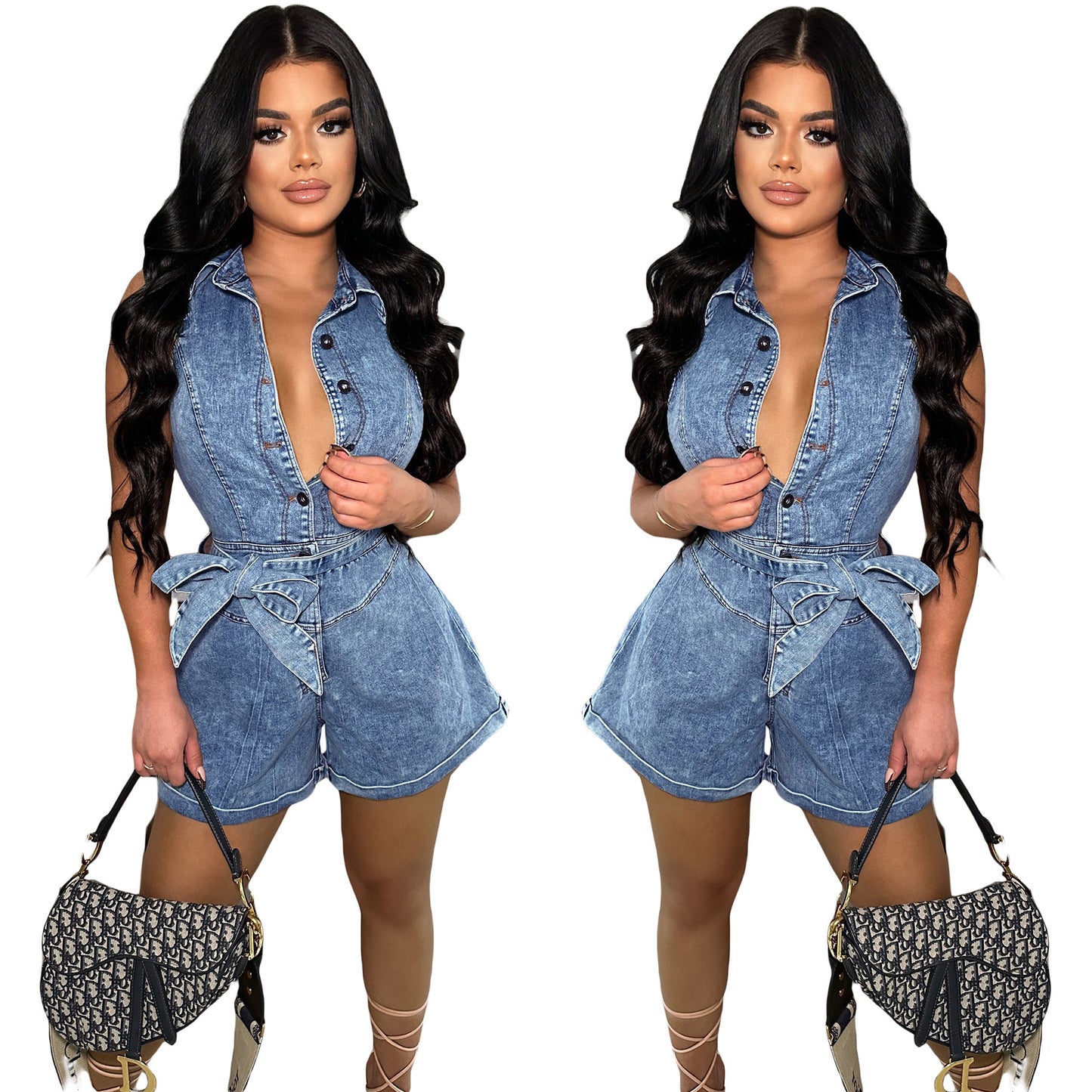 Sleeveless Denim Jumpsuit Shorts with Stretch Fit