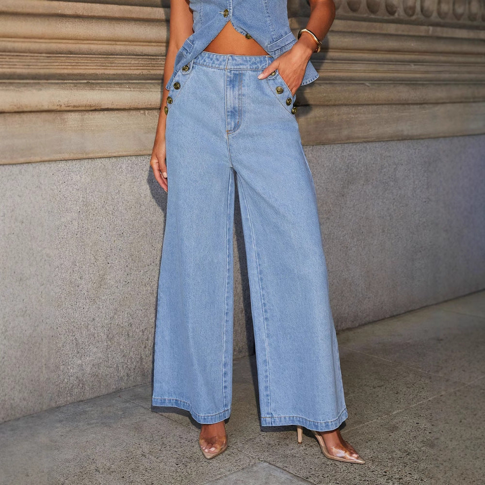Sleeveless Denim Suit with Wide Leg Pants