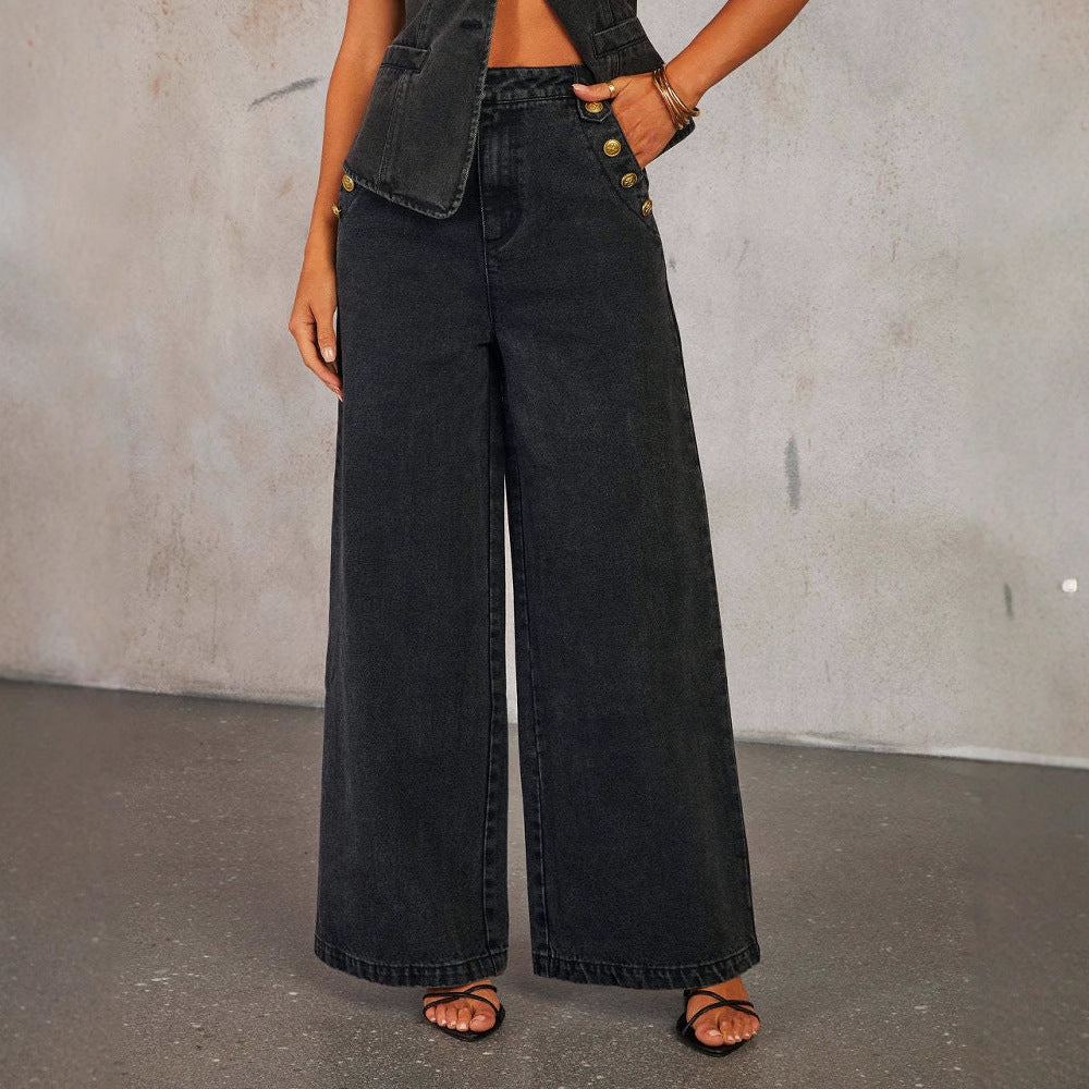 Sleeveless Denim Suit with Wide Leg Pants