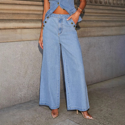 Sleeveless Denim Suit with Wide Leg Pants