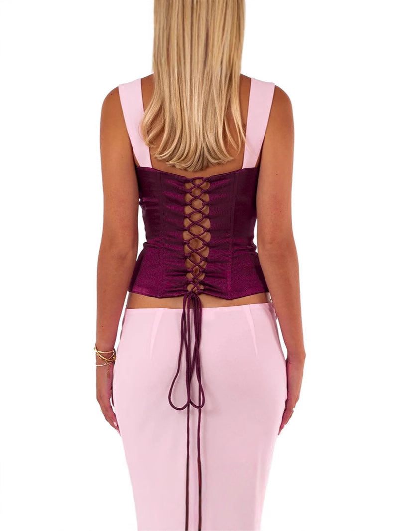 Sleeveless Dress Set with Bralette and Long Skirt
