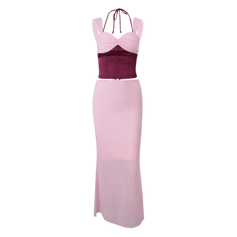 Sleeveless Dress Set with Bralette and Long Skirt