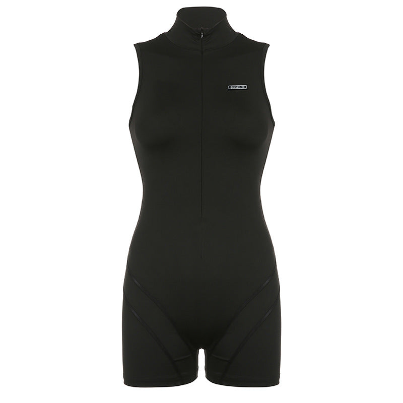 Sleeveless Half Turtleneck High Waist Jumpsuit Shorts