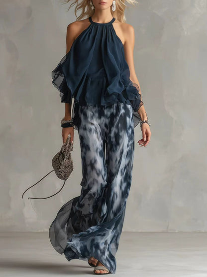 Sleeveless Halter Top and Printed Wide-Leg Pants Set