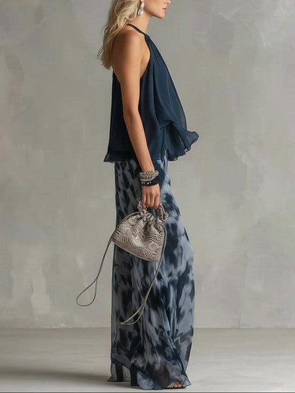 Sleeveless Halter Top and Printed Wide-Leg Pants Set