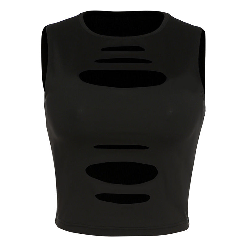 Sleeveless hollowed out slim fit solid color vest