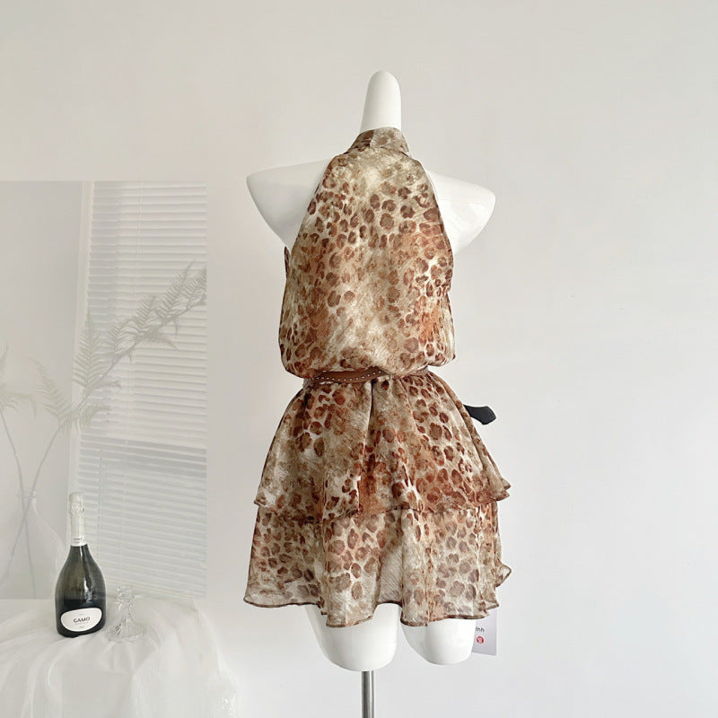 Sleeveless Leopard Print Chiffon Dress with Belt