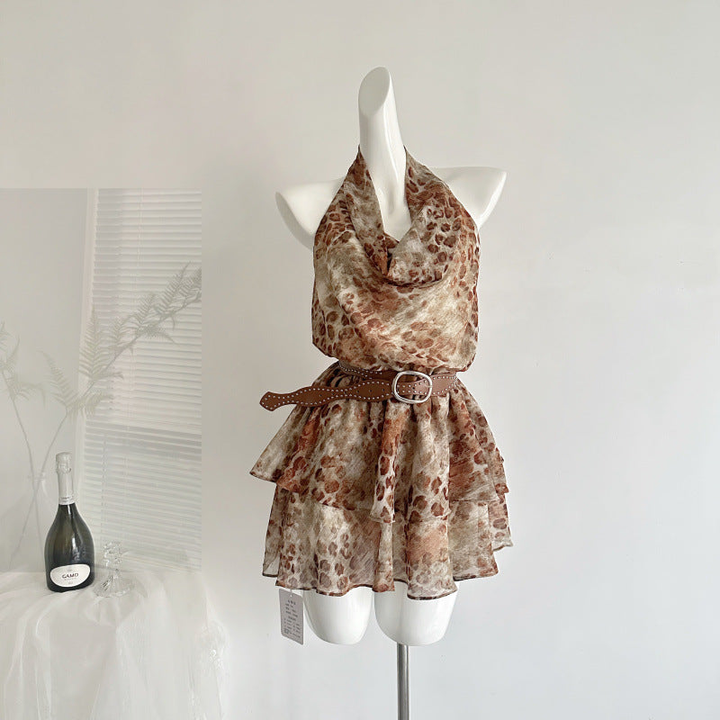 Sleeveless Leopard Print Chiffon Dress with Belt