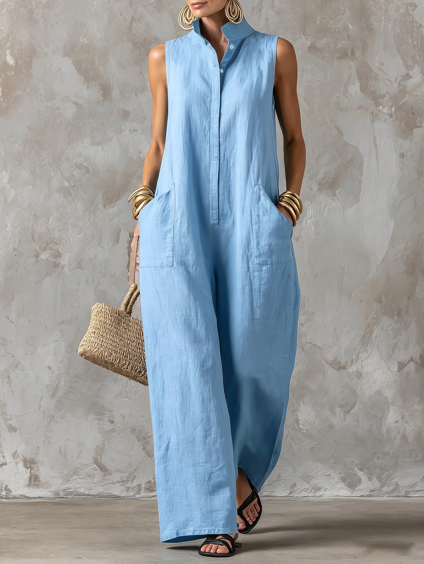Sleeveless Linen Blend Wide-Leg Jumpsuit with Stand Collar