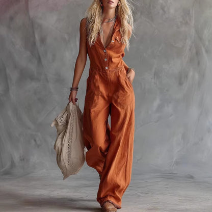 Sleeveless Linen Jumpsuit with V-Neck