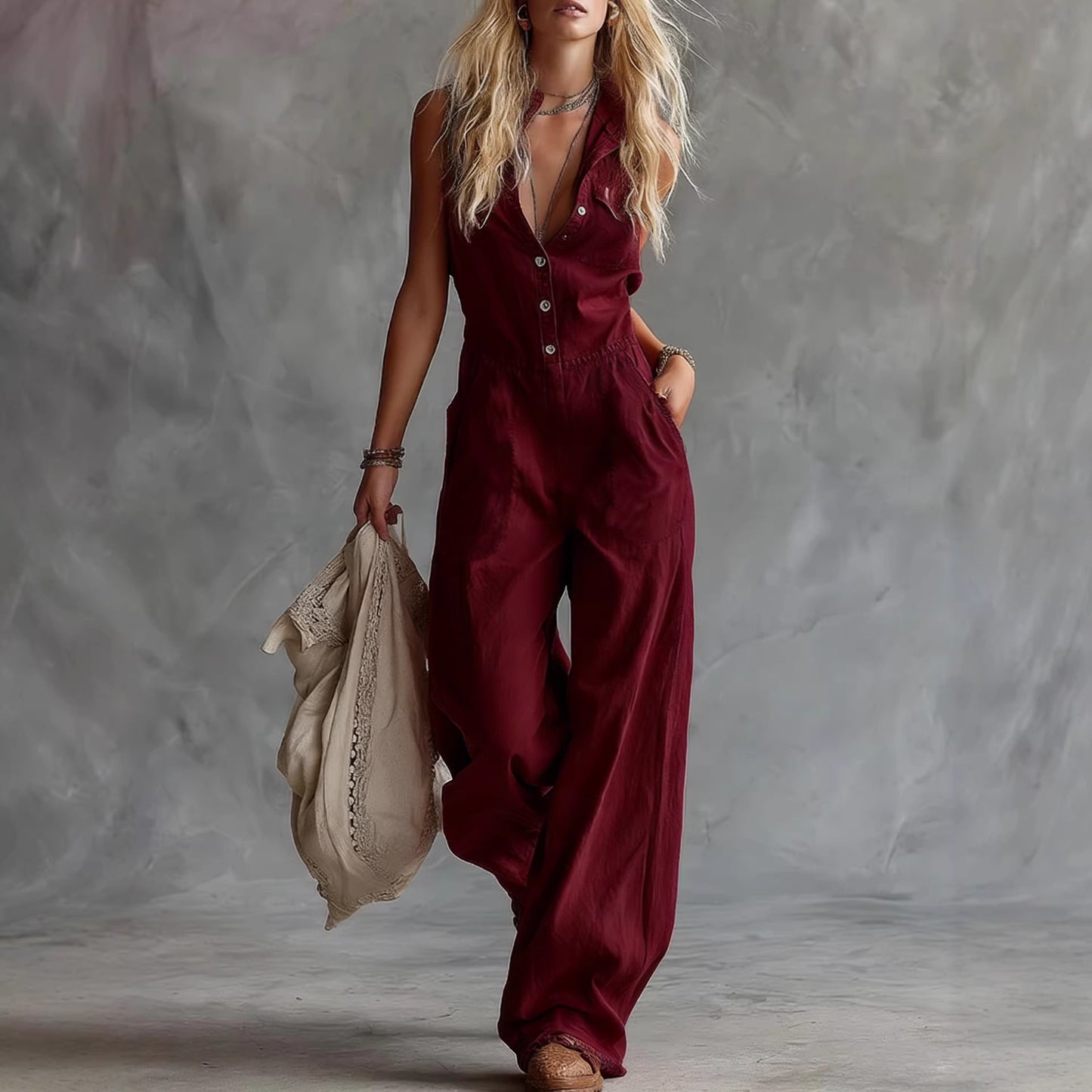 Sleeveless Linen Jumpsuit with V-Neck