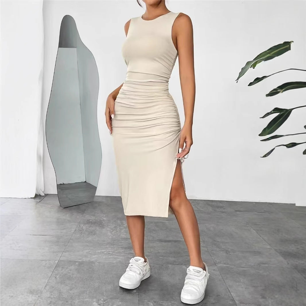 Sleeveless Pleated High Slit Long Dress