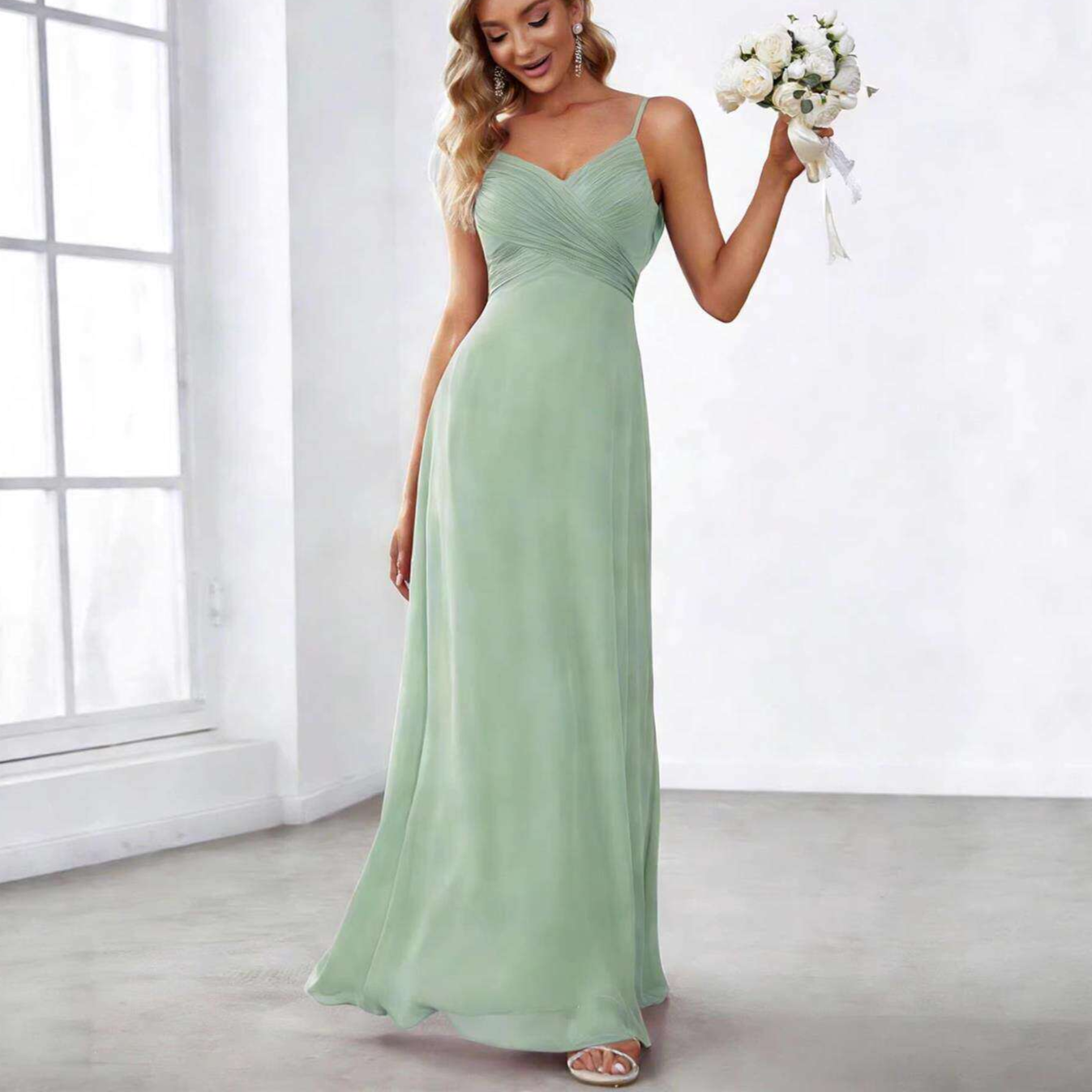 Sleeveless Pleated Strap Evening Dress