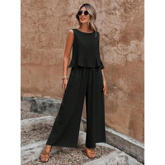 Sleeveless pleated vest casual set
