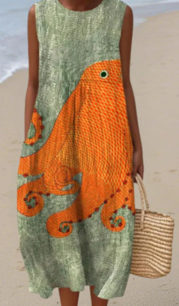 Sleeveless Printed A-line Long Dress