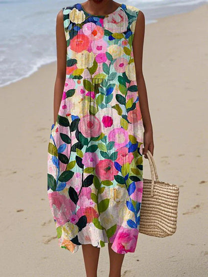 Sleeveless Printed A-line Long Dress