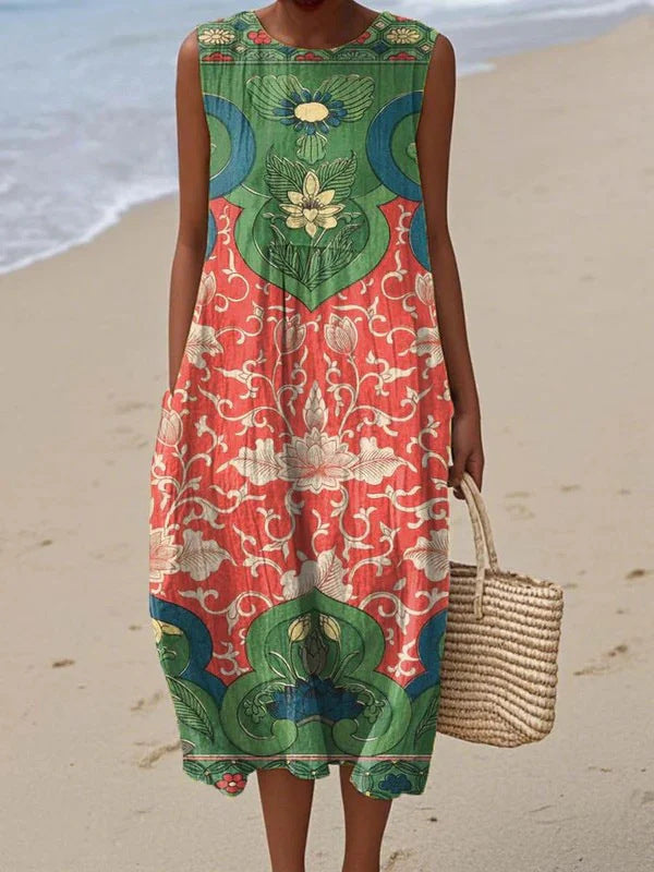 Sleeveless Printed A-line Long Dress