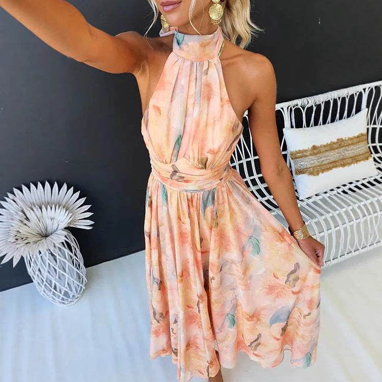 Sleeveless Printed Backless Dress