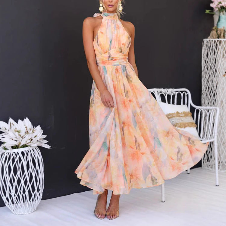 Sleeveless Printed Backless Dress