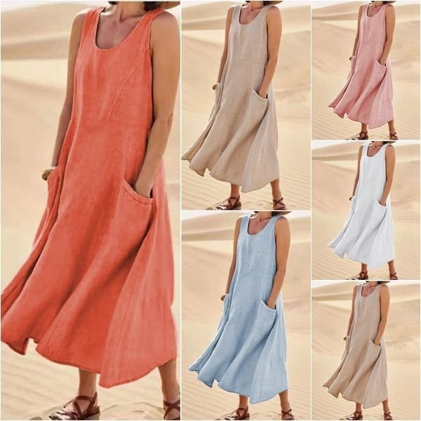 Sleeveless round-neck women's cotton and linen dress