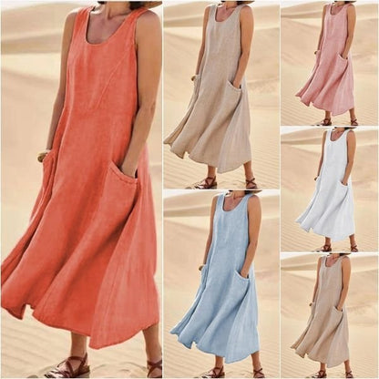 Sleeveless round-neck women's cotton and linen dress
