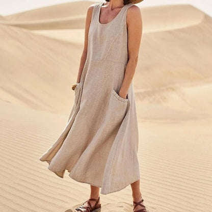 Sleeveless round-neck women's cotton and linen dress