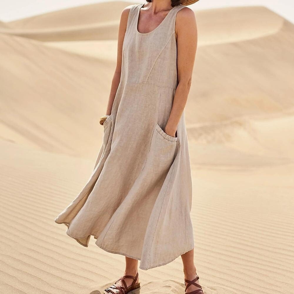 Sleeveless round-neck women's cotton and linen dress