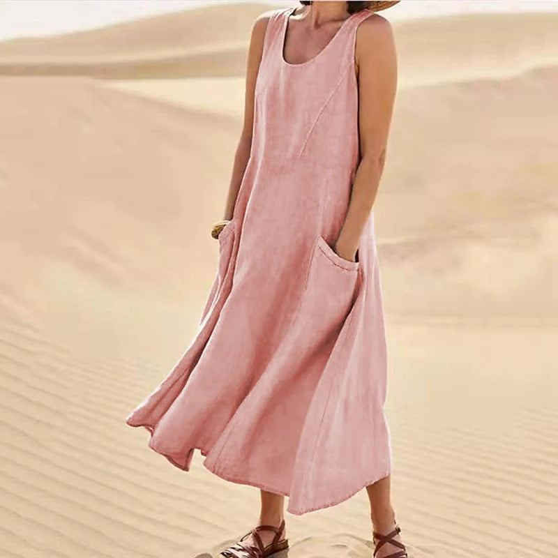 Sleeveless round-neck women's cotton and linen dress