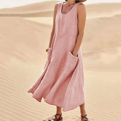 Sleeveless round-neck women's cotton and linen dress
