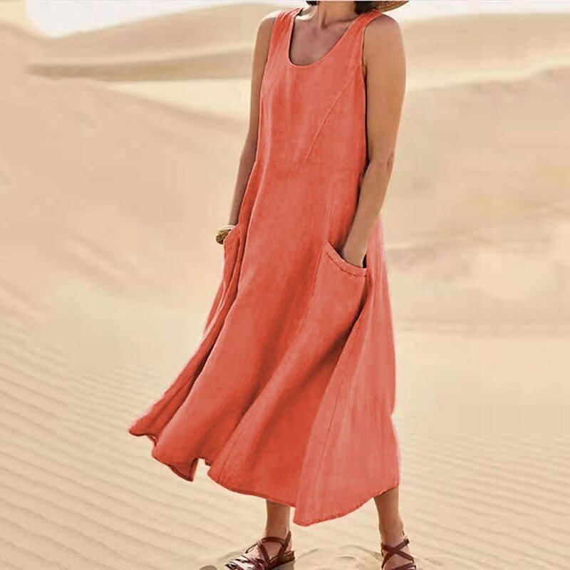 Sleeveless round-neck women's cotton and linen dress