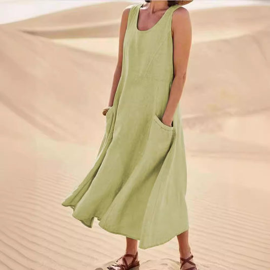 Sleeveless round-neck women's cotton and linen dress