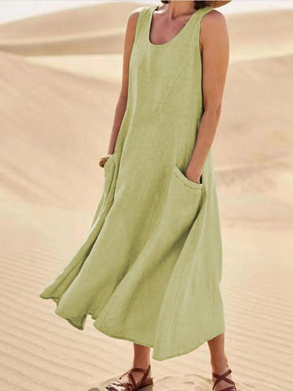 Sleeveless round-neck women's cotton and linen dress