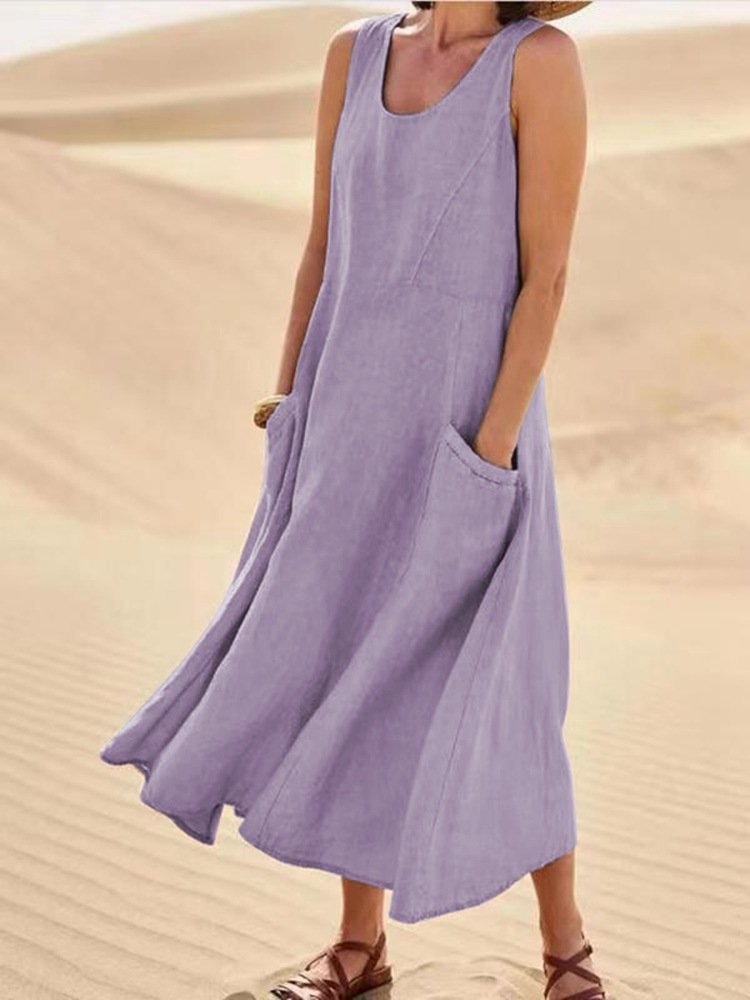 Sleeveless round-neck women's cotton and linen dress