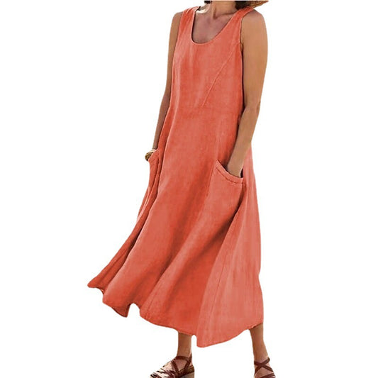 Sleeveless round-neck women's cotton and linen dress