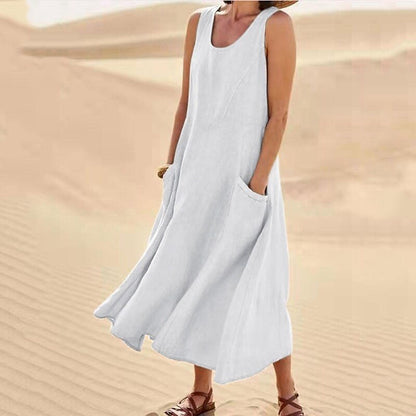 Sleeveless round-neck women's cotton and linen dress