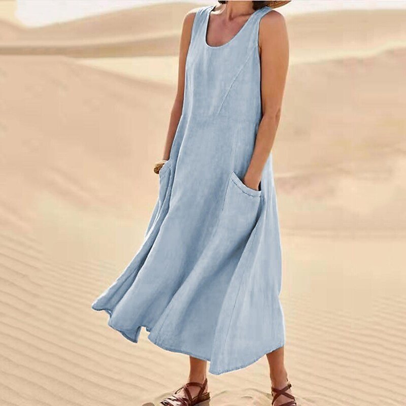 Sleeveless round-neck women's cotton and linen dress