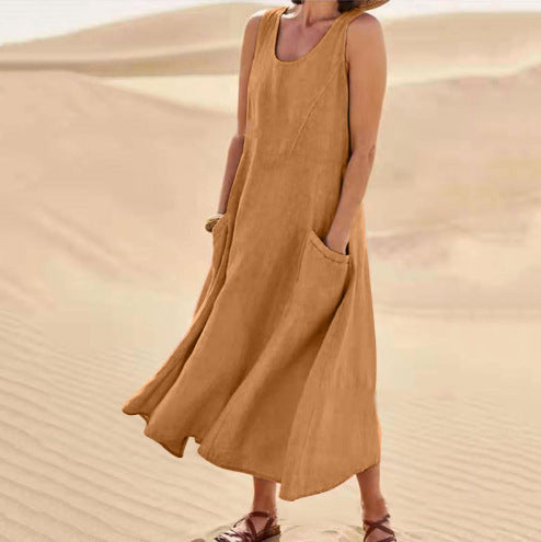 Sleeveless round-neck women's cotton and linen dress