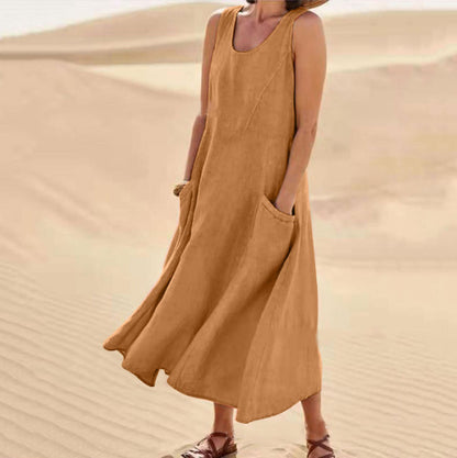 Sleeveless round-neck women's cotton and linen dress
