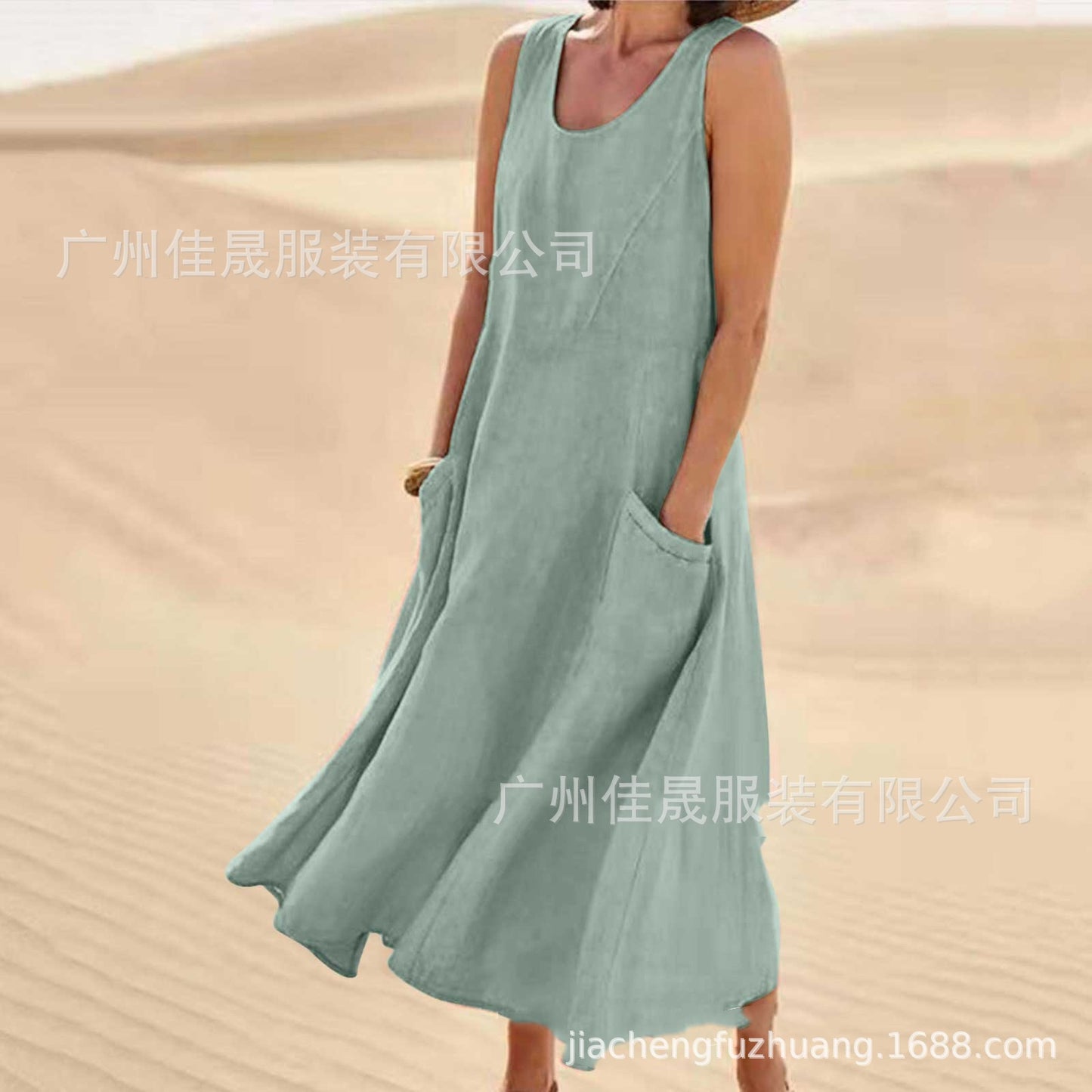 Sleeveless round-neck women's cotton and linen dress