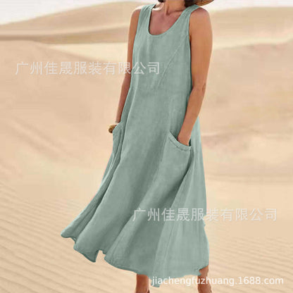 Sleeveless round-neck women's cotton and linen dress