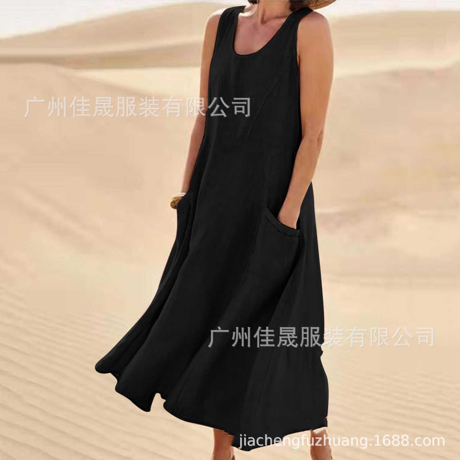 Sleeveless round-neck women's cotton and linen dress