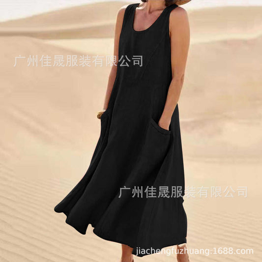 Sleeveless round-neck women's cotton and linen dress