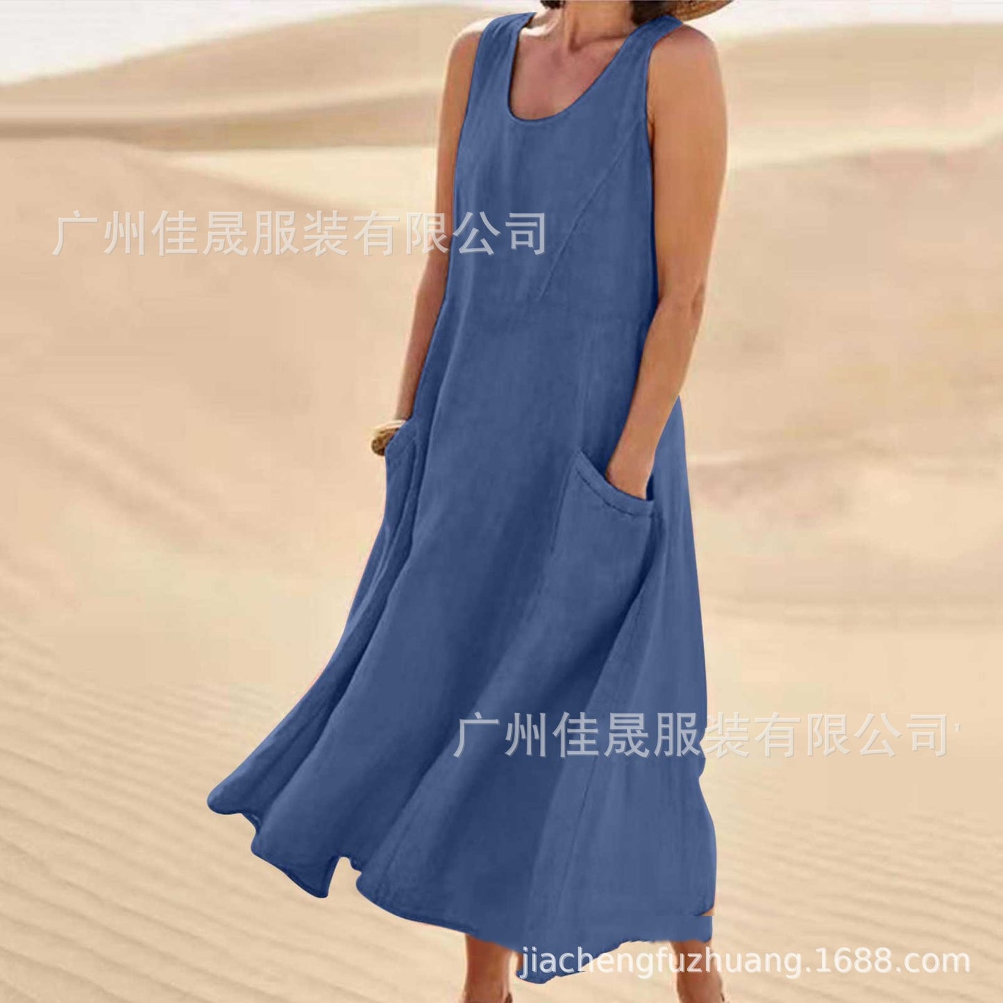 Sleeveless round-neck women's cotton and linen dress