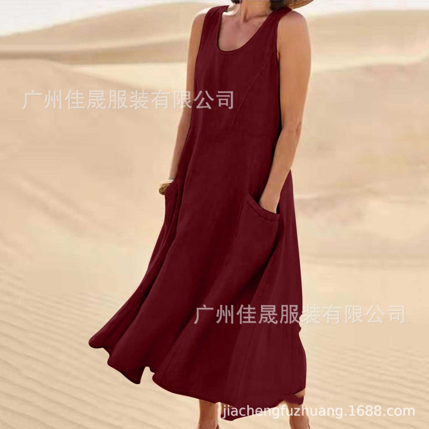 Sleeveless round-neck women's cotton and linen dress