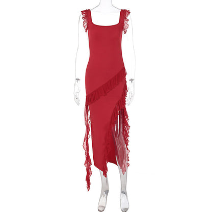 Sleeveless Ruffled Slit Long Dress