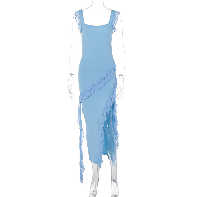 Sleeveless Ruffled Slit Long Dress